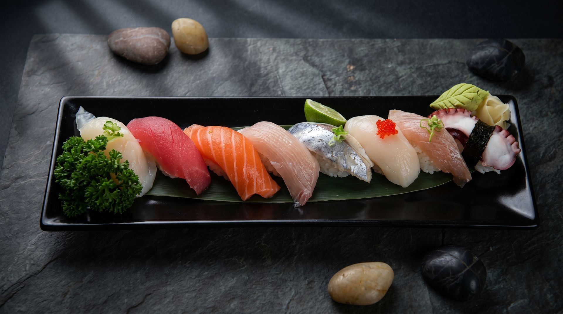 Assorted sushi nigiri on a long black plate with garnish on a dark stone background