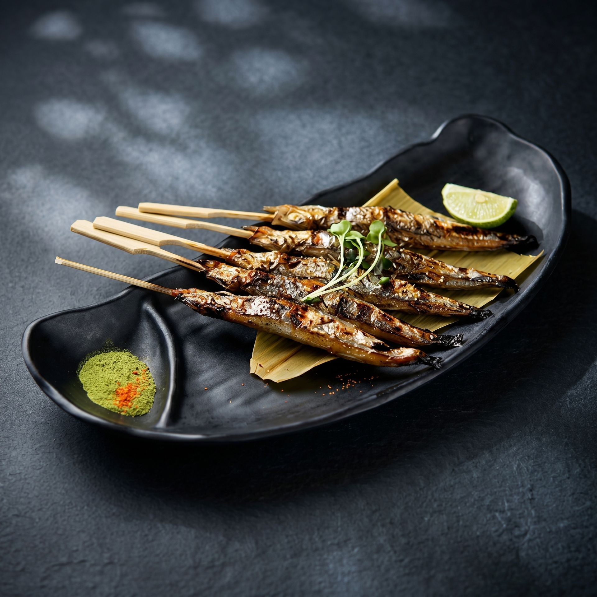 Grilled satay skewers on a black plate with lime wedges and dipping sauce