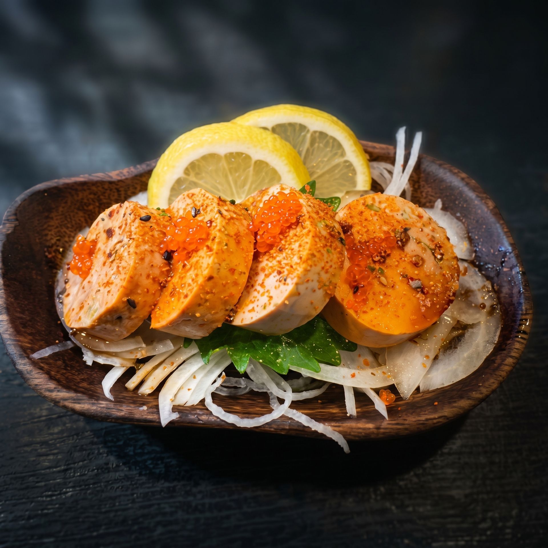 Sliced seared tuna on a wooden plate with lemon wedges and shredded onions, sprinkled with seasoning.