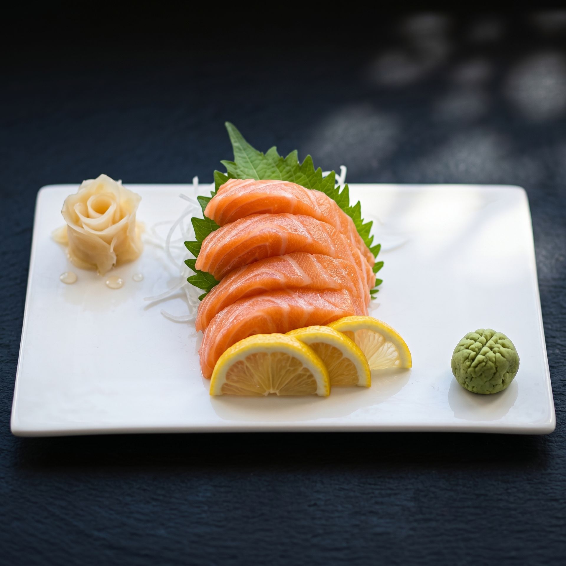 Salmon sashimi on a white plate with lemon slices, wasabi, and a ginger garnish