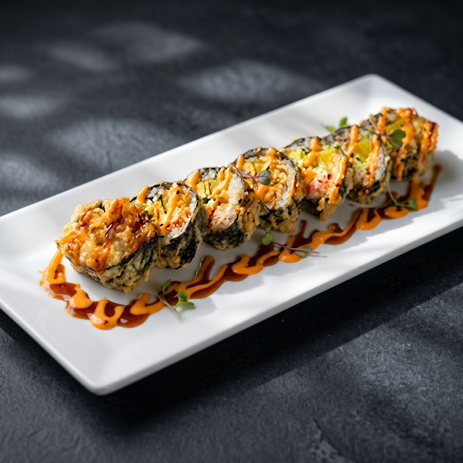 Sushi roll topped with sauce and herbs on a white rectangular plate, on a dark tabletop