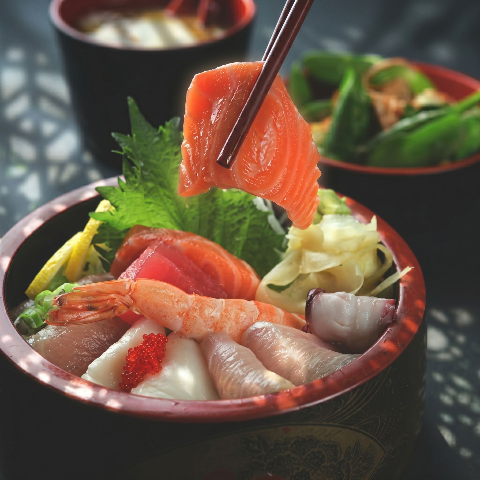 Chopsticks lifting salmon over a colorful sushi bowl with shrimp and vegetables on a dark table