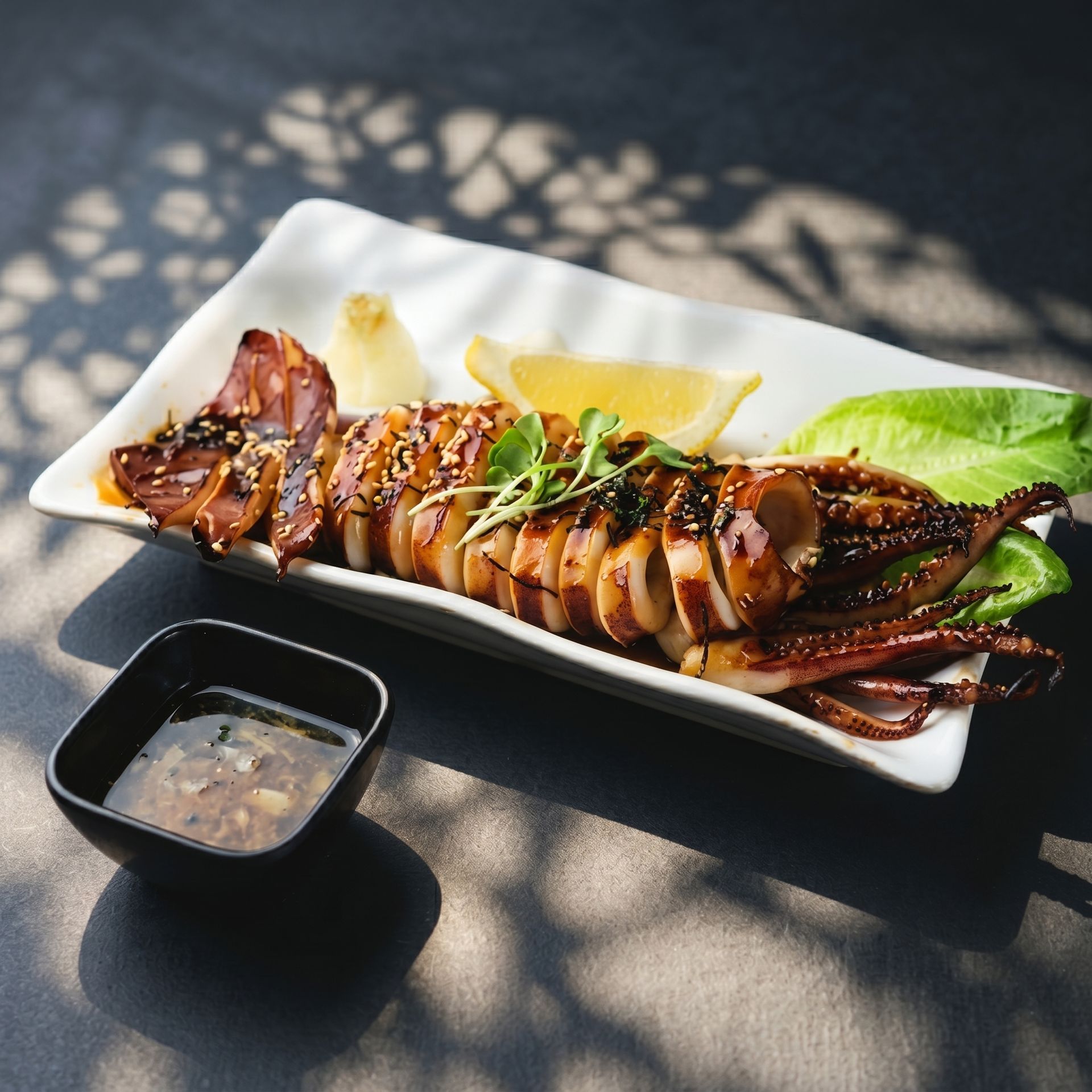 Plated grilled seafood with lemon wedges and dipping sauce on a dark table in dappled sunlight