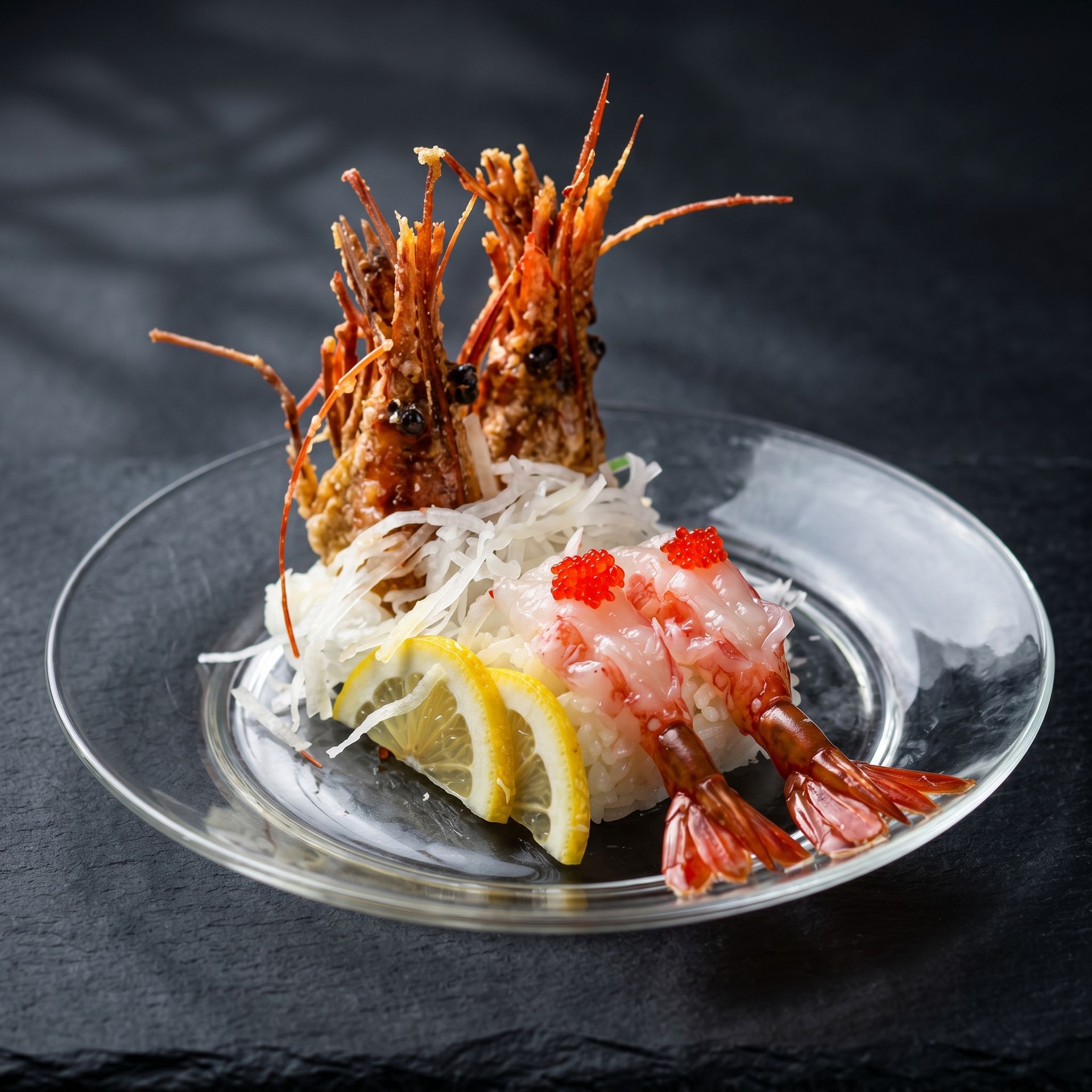 Assorted seafood platter with fried shrimp, sliced lemon, and white garnish on a clear plate