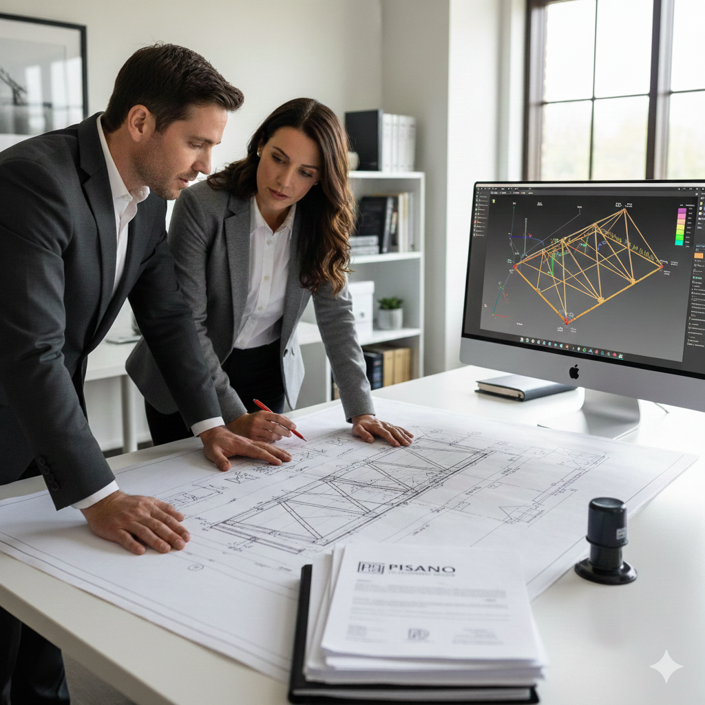 Two people, a man and a woman, reviewing architectural plans and computer model in an office.