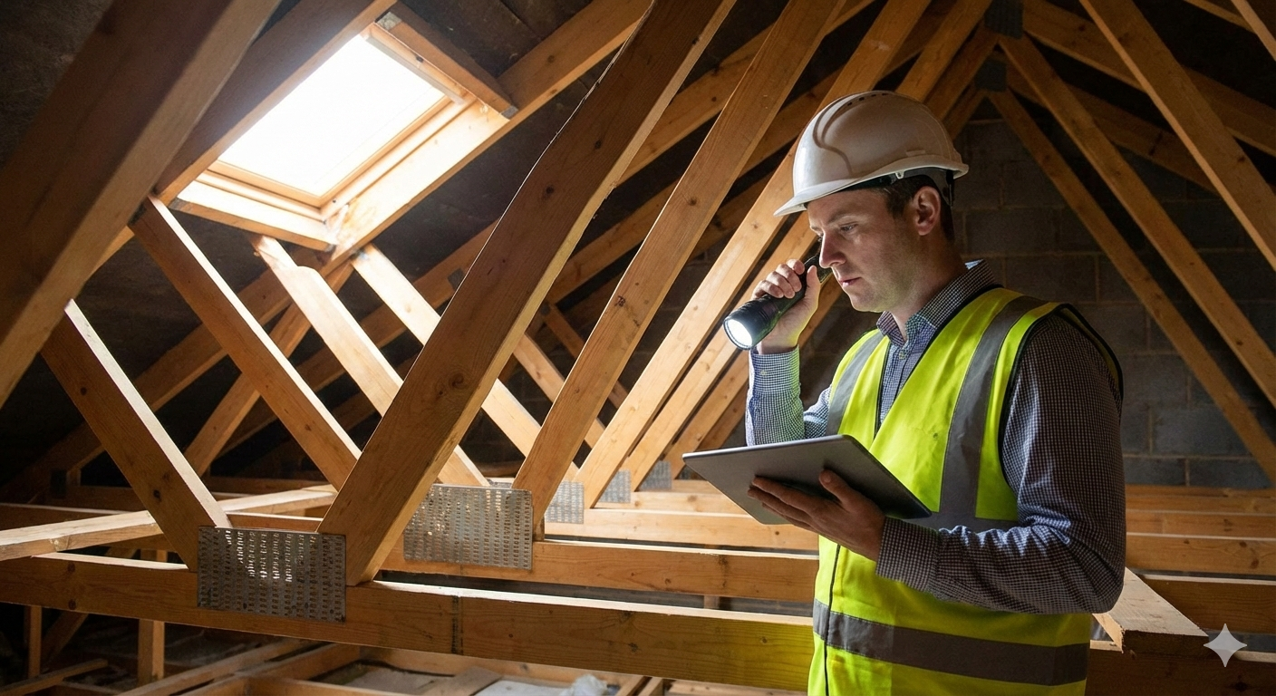 A person in a hard hat and vest inspecting an attic with a tablet and phone, near a skylight.