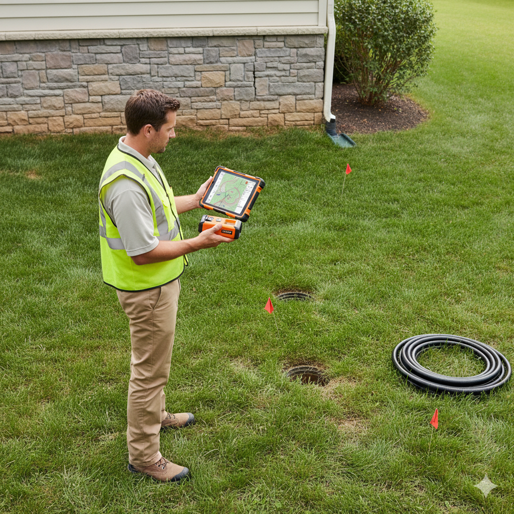 Man with device in yard near building, ground markings, coiled hose.