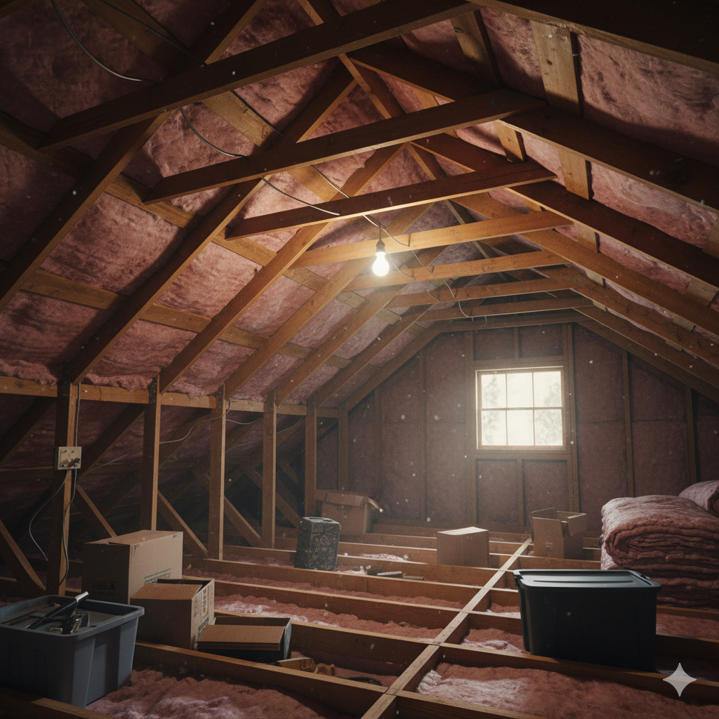 Inspecting roof trusses and rafters in a house attic