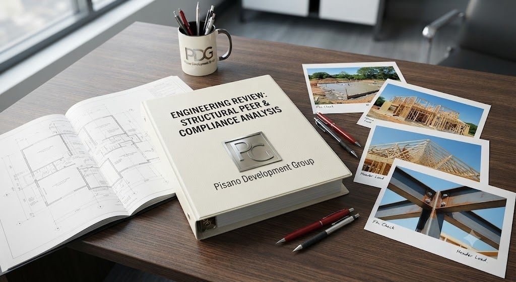 Project status report cover with construction site photos and house renderings on a wooden desk