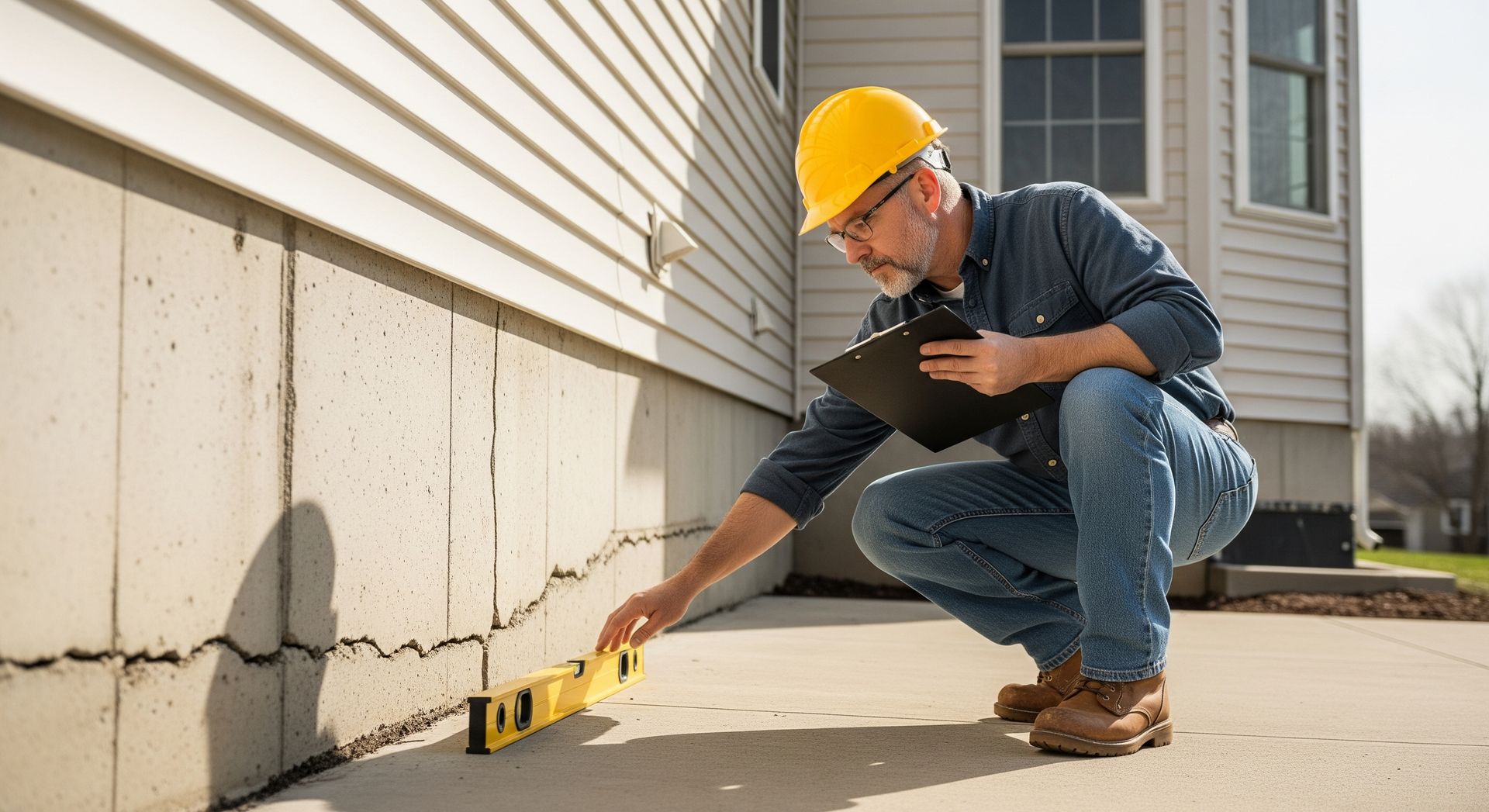 A man is kneeling down in front of a house while holding a level and a clipboard.