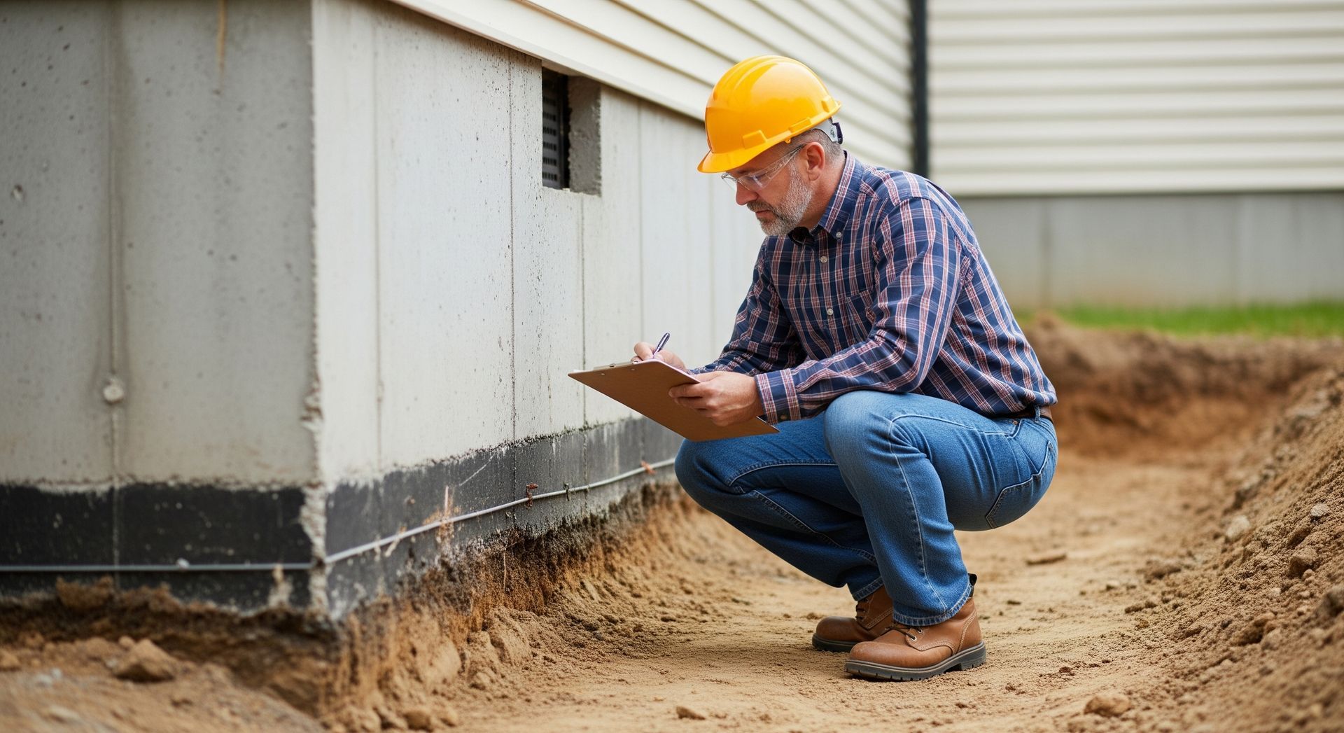 A man is kneeling down in front of a building while holding a clipboard.