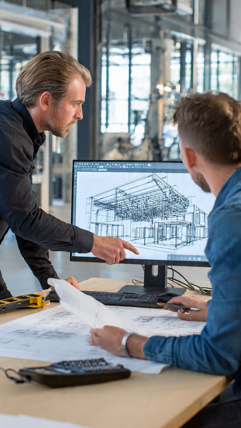 Two men reviewing architectural blueprints and computer design in an office.