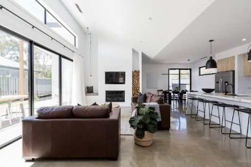 Polished concrete finish in a residential living room in Bendigo VIC.