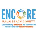 Logo for Encore Palm Beach County, connecting Boomers to new work and volunteer opportunities. Features blue "ENCORE" text above text and a colorful gear-like shape.