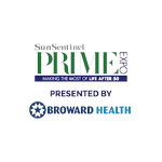 SunSentinel Prime Expo logo: green "PRIME EXPO" text with "MAKING THE MOST OF LIFE AFTER 50" below. Presented by Broward Health.