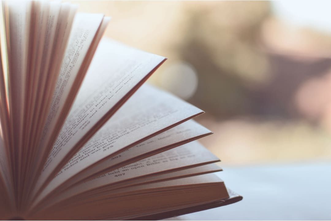 Open book with pages fanned out, resting near a blurred, sunlit window.