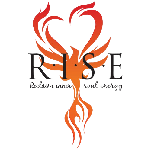 A phoenix in orange and red flames forming a heart shape, with the word "RISE" and the tagline "Reclaim inner soul energy".