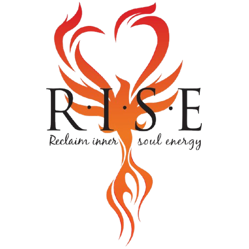 A phoenix in orange and red flames forming a heart shape, with the word "RISE" and the tagline "Reclaim inner soul energy".
