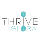 Logo for Thrive Global with the words "Thrive" above "Global" in gray with two blue leaf shapes above and below the "i."