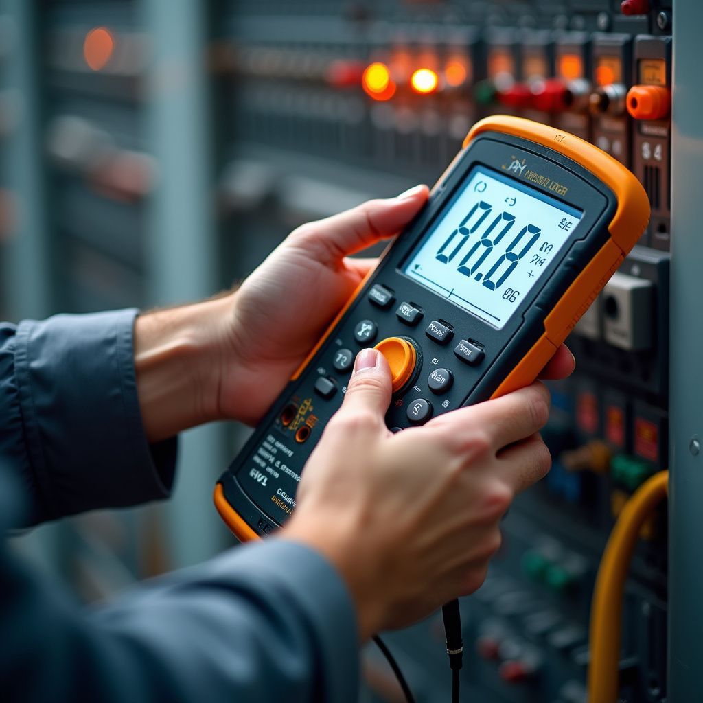 Hands holding multimeter, testing electrical panel, showing 88.0 on the screen.