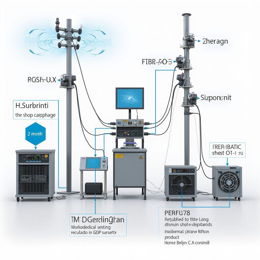 Diagram of scientific equipment, including towers, a computer, and various measurement devices connected by cables.