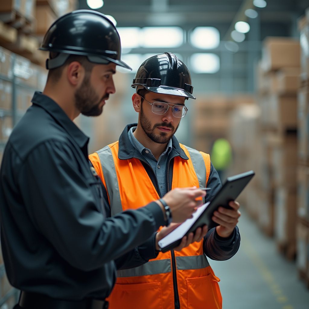 Two workers in hard hats and safety vests reviewing a tablet in a warehouse.