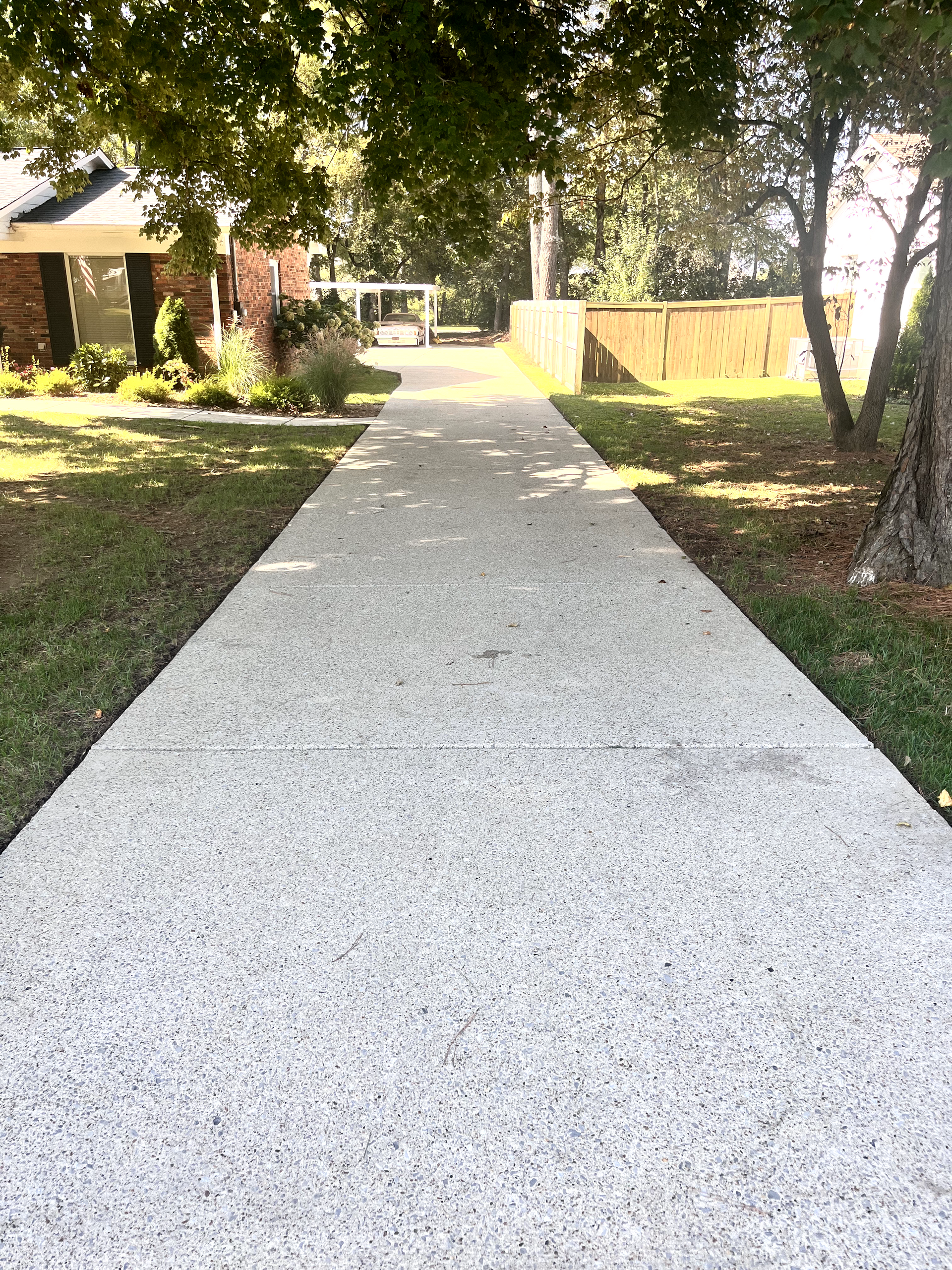 A concrete driveway leading to a house with trees on both sides.