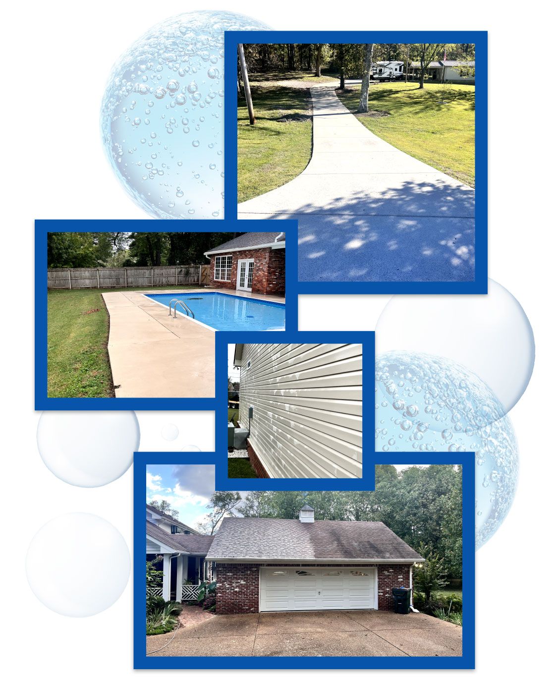 A collage of pictures shows a house a pool and a driveway