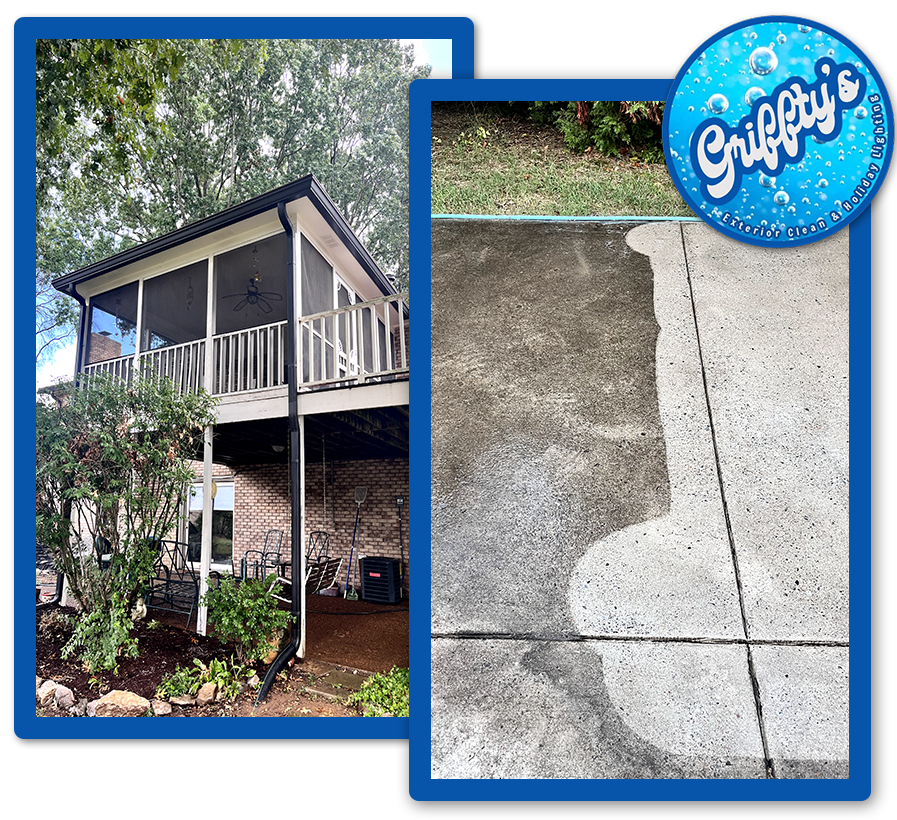 A picture of a house with a screened in porch and a picture of a dirty sidewalk.