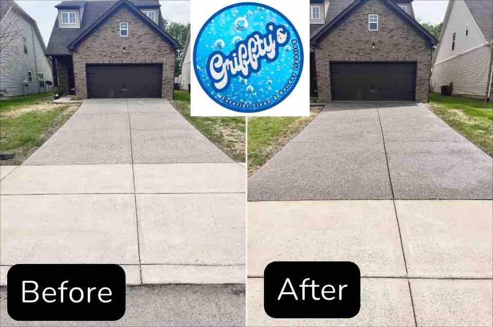 A before and after picture of a concrete driveway.