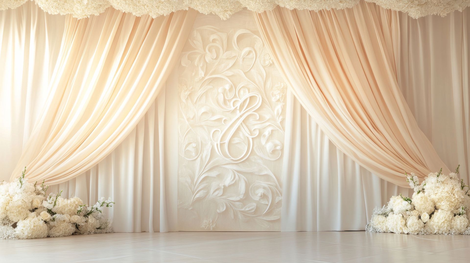 Elegant cream-colored wedding backdrop with draped curtains, floral arrangements, and an ornate center design.