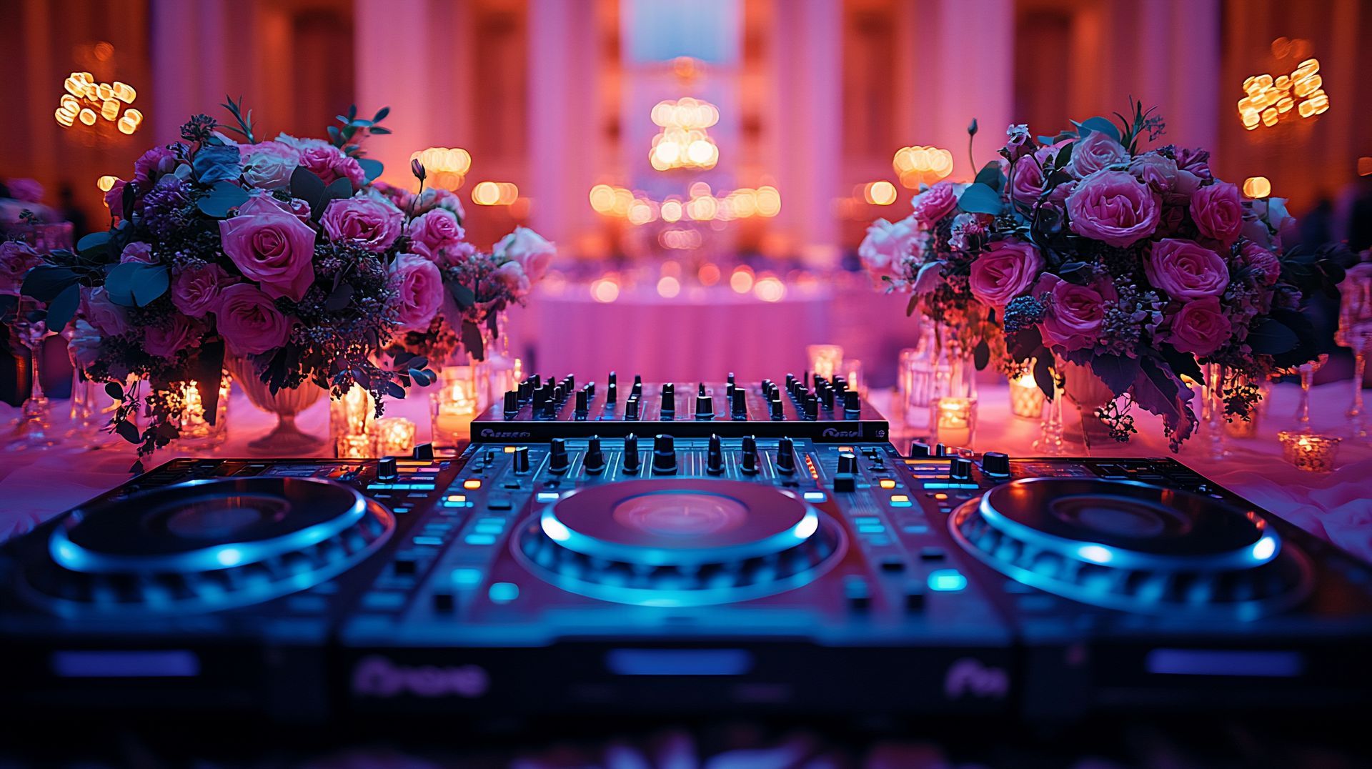 DJ setup at a wedding reception; floral centerpieces, candles, and tables in the background. Pink and blue lighting.