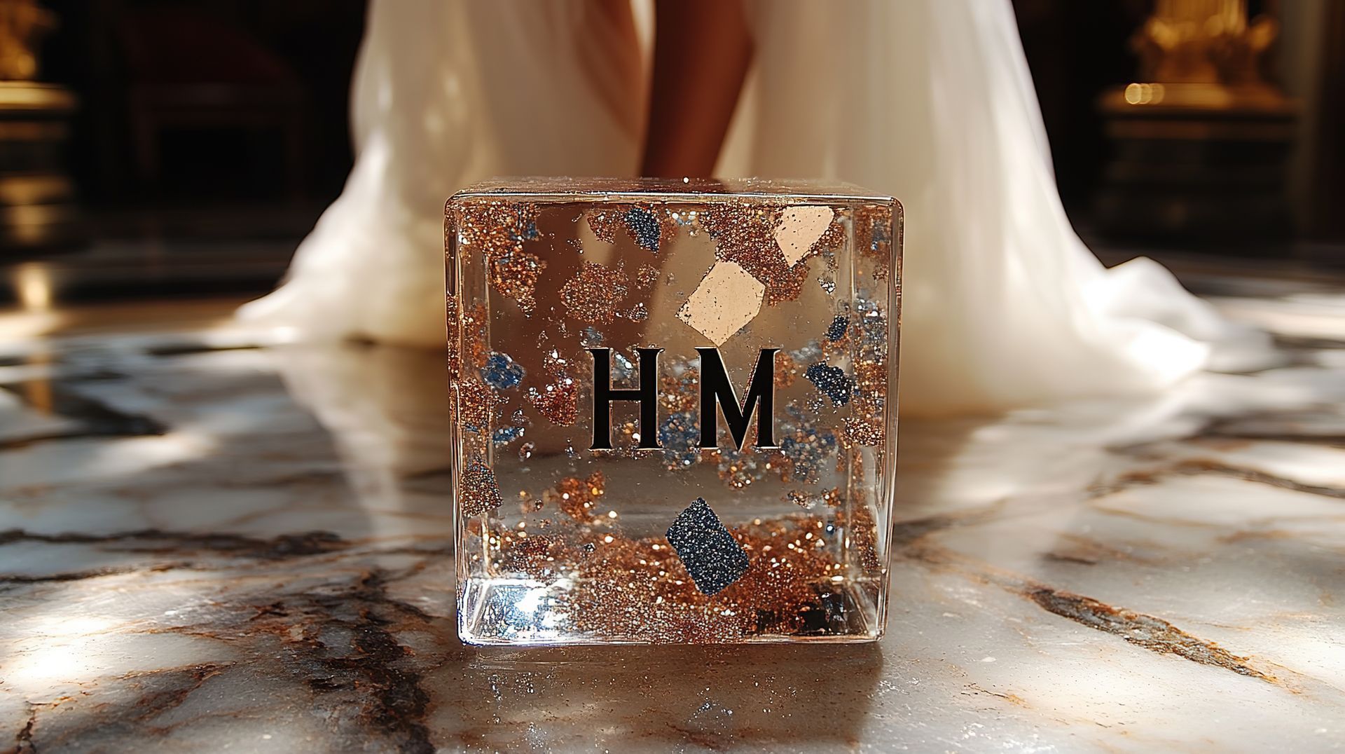 Clear cube with gold glitter and initials