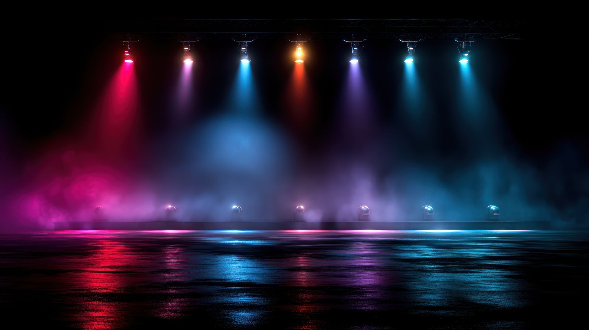 Stage lit with colorful spotlights reflected on a wet floor, creating a vibrant, smoky atmosphere.
