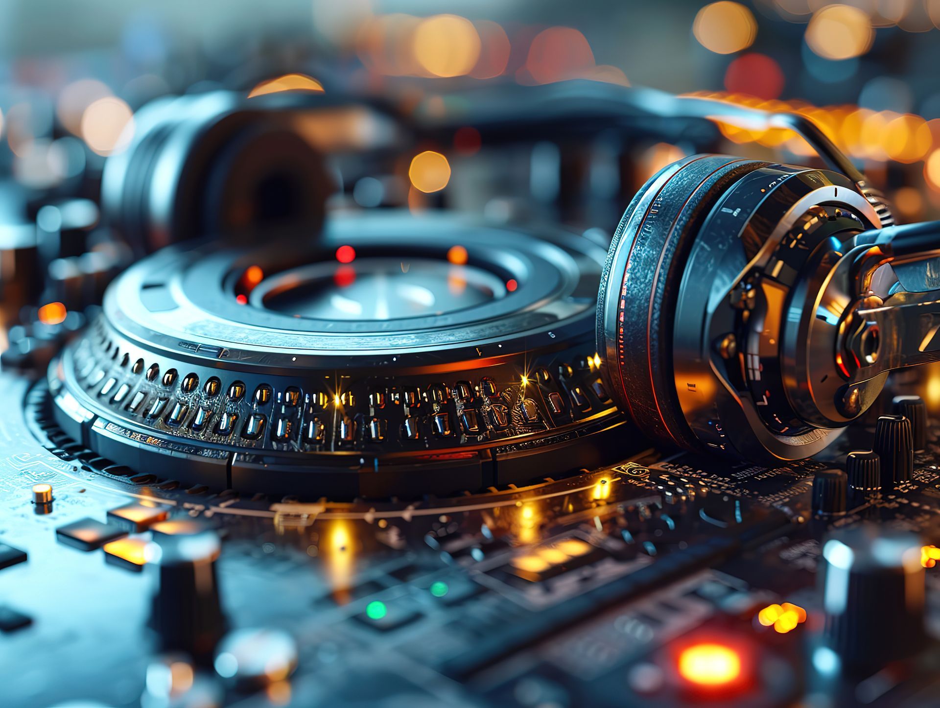 Headphones rest on a DJ controller with glowing lights, a close-up shot, in a dark setting.
