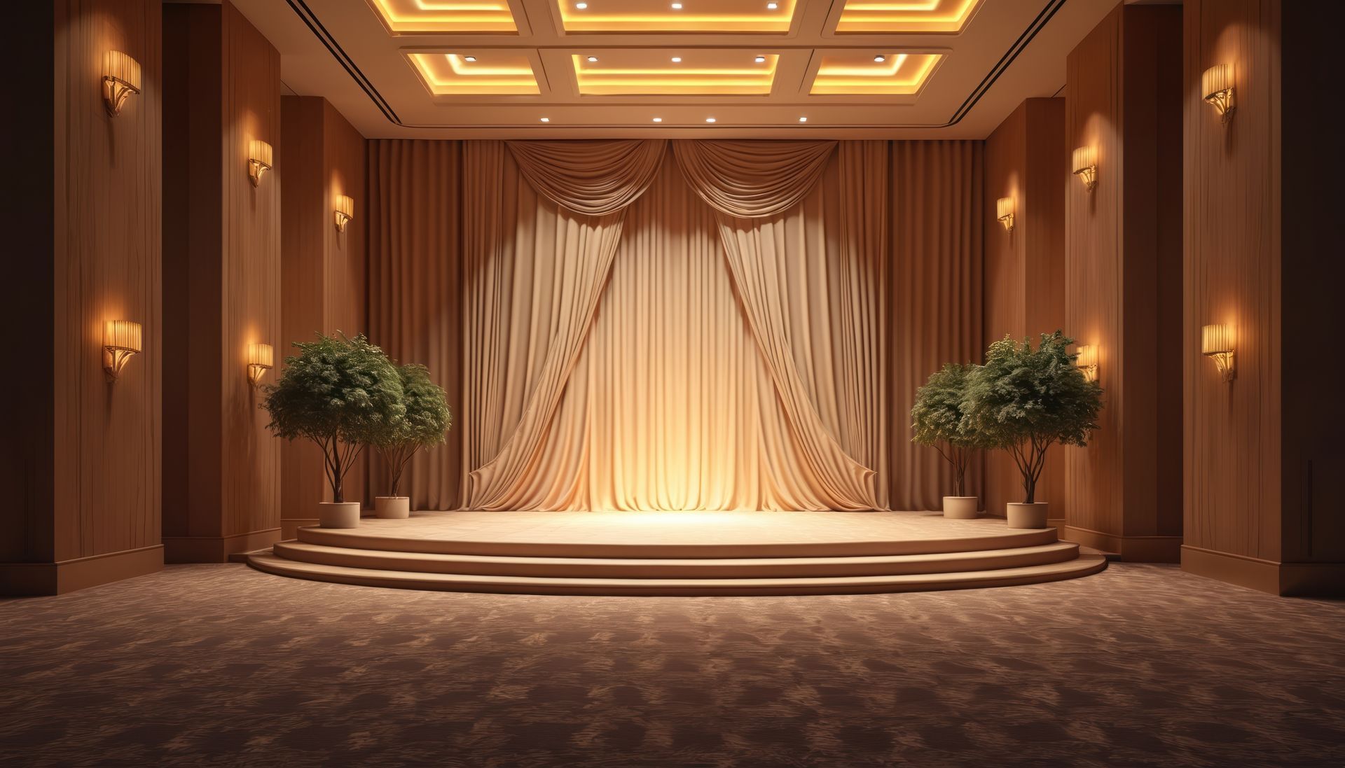 Stage with draped curtains, trees, and soft lighting in a formal room.