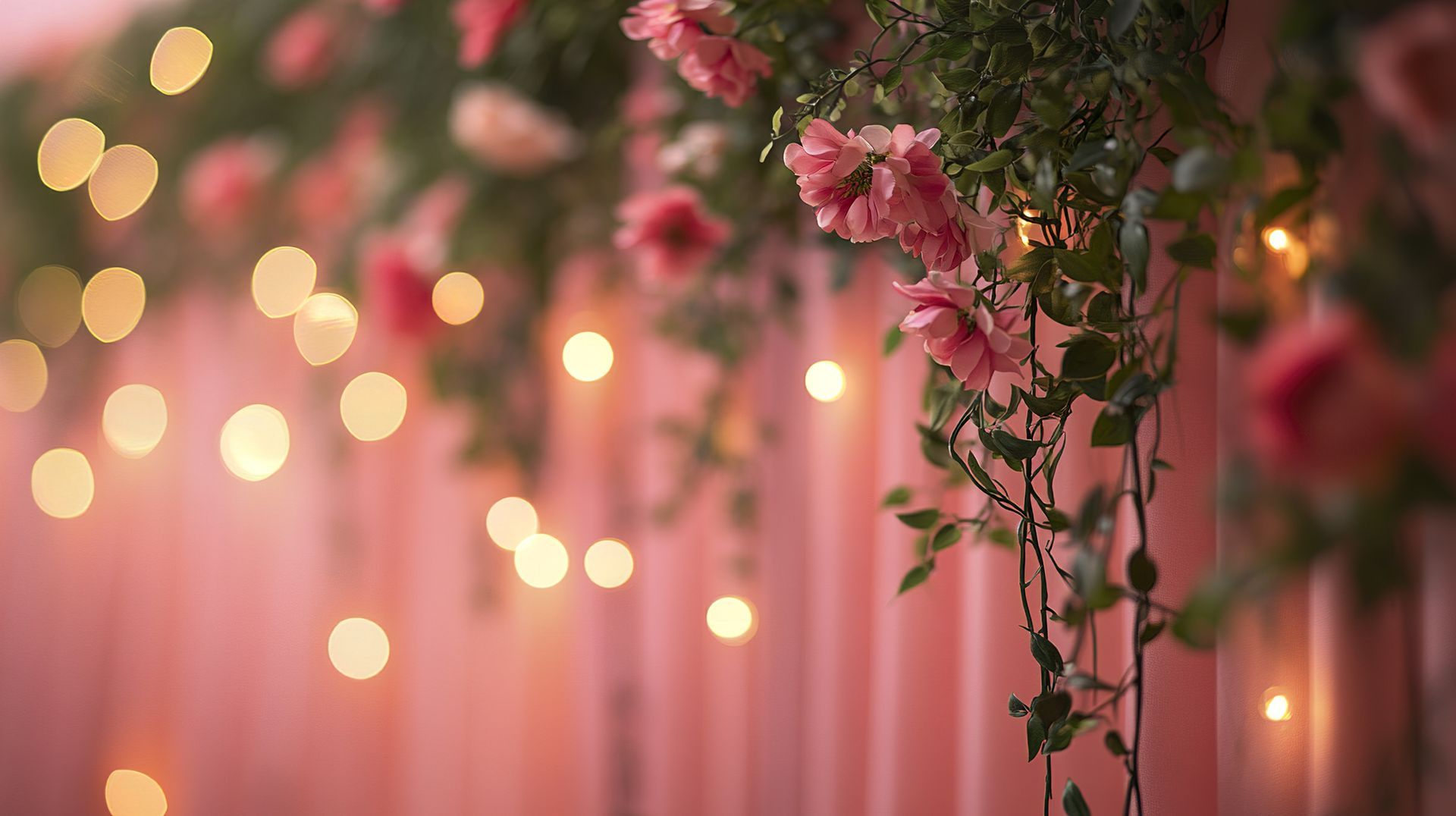 Pink flowers and hanging vines with soft, glowing lights against a pink curtain backdrop.