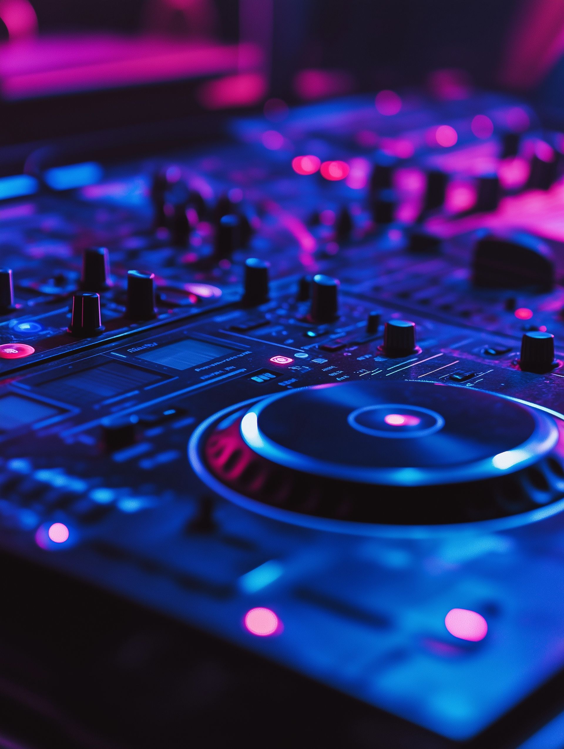 DJ controller, illuminated by blue and pink lights. Knobs, buttons, and a jog wheel are visible.