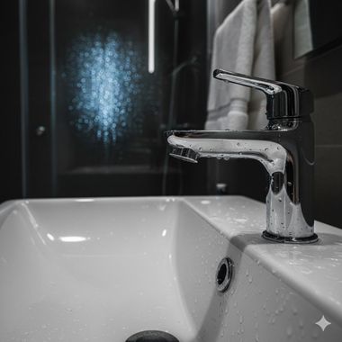 Shiny chrome faucet over a white bathroom sink with water drops; dark grey background.