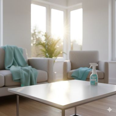 Bright living room with teal accents. Cleaning spray on coffee table in front of sofas and window.
