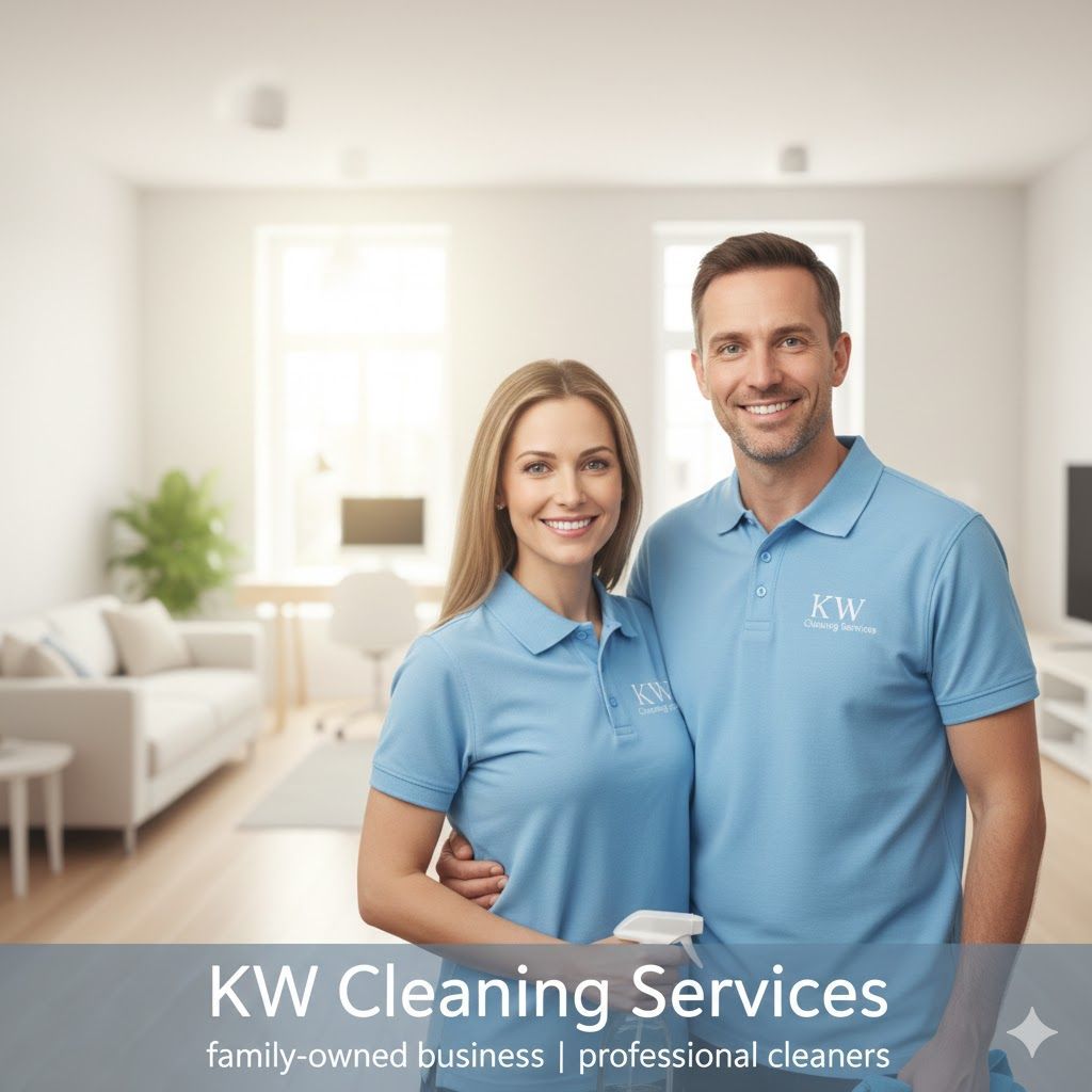 Two people in blue polo shirts, smiling, in a clean, bright home. KW Cleaning Services advertisement.