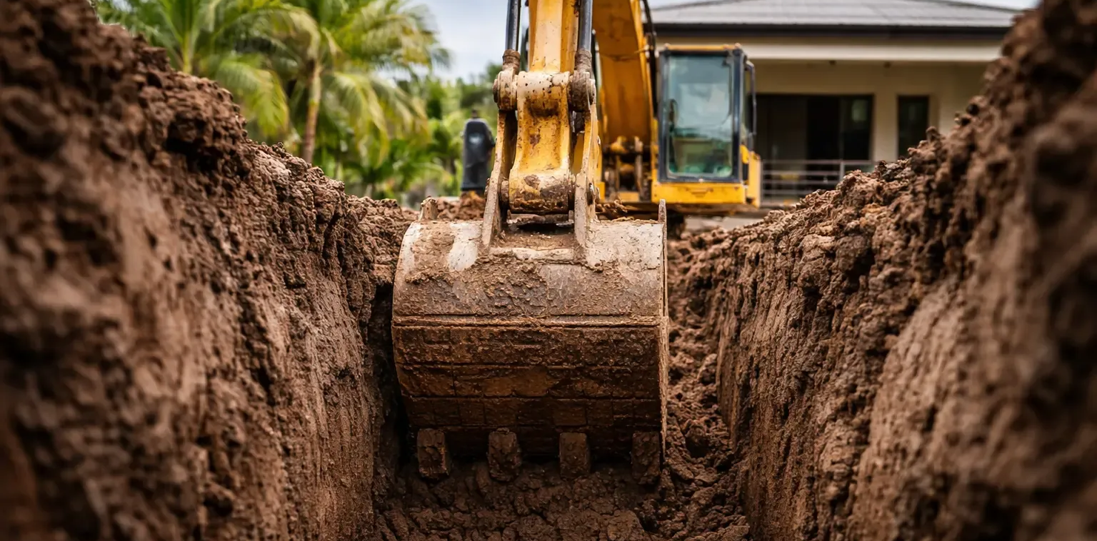 Close-up of a excavator bucket digging a drainage trench in suburban Toowoomba