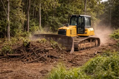 A yellow bulldozer clearing a rural block in Toowoomba