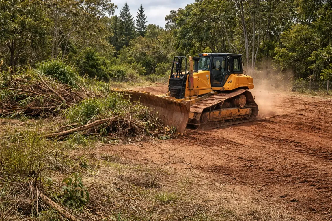 A yellow bulldozer clearing a rural properties near Toowoomba