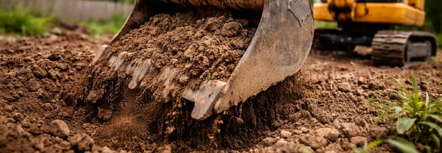 Excavator bucket close-up in action. Darling Downs Earthmoving