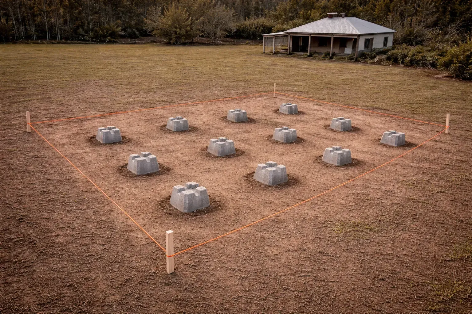 Grid of 12 concrete footings for a shed slab in Leyburn, QLD