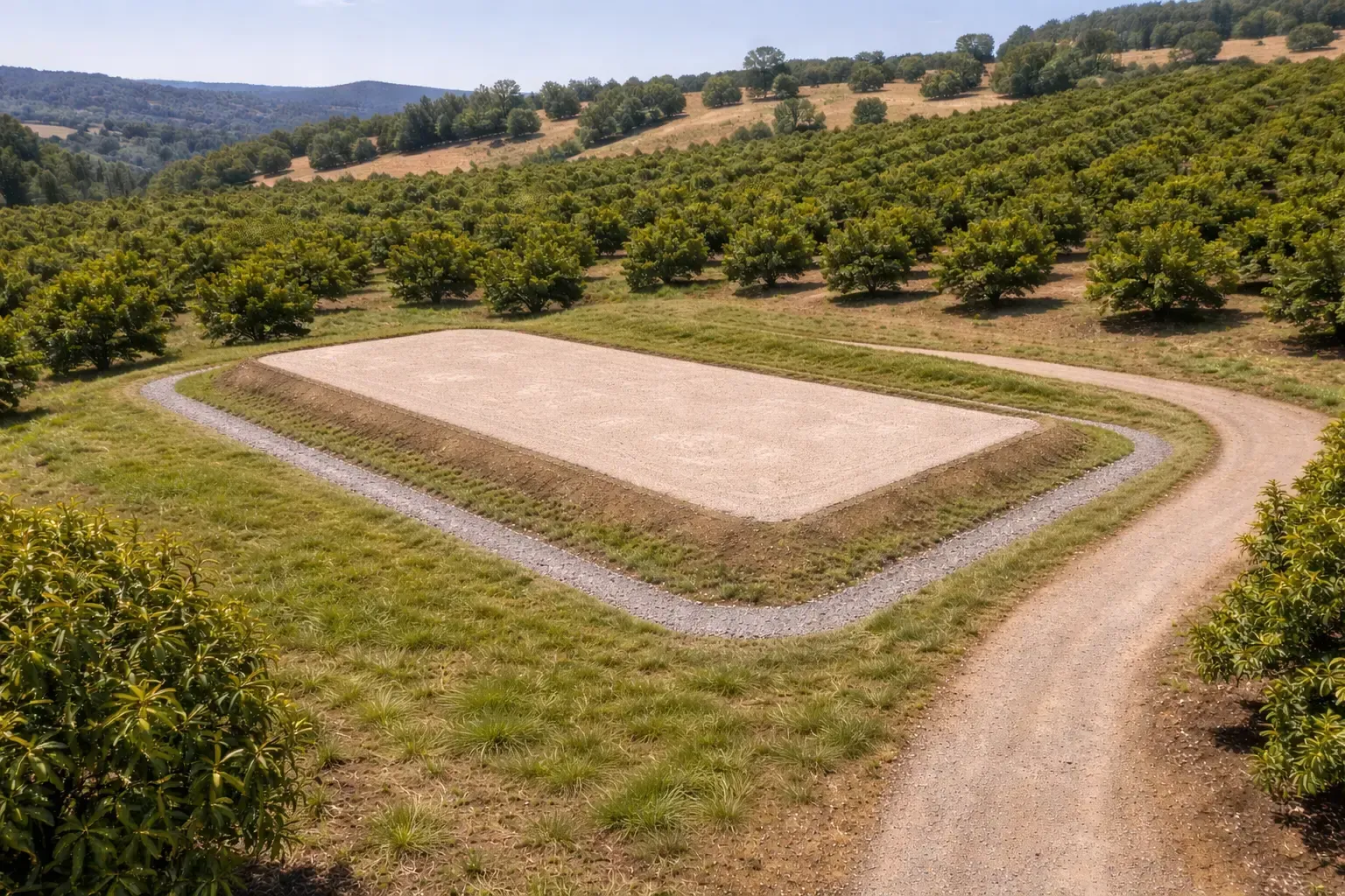 A raised storage shed pad with surrounding drainage fall on an avocado orchard near Hampton. 