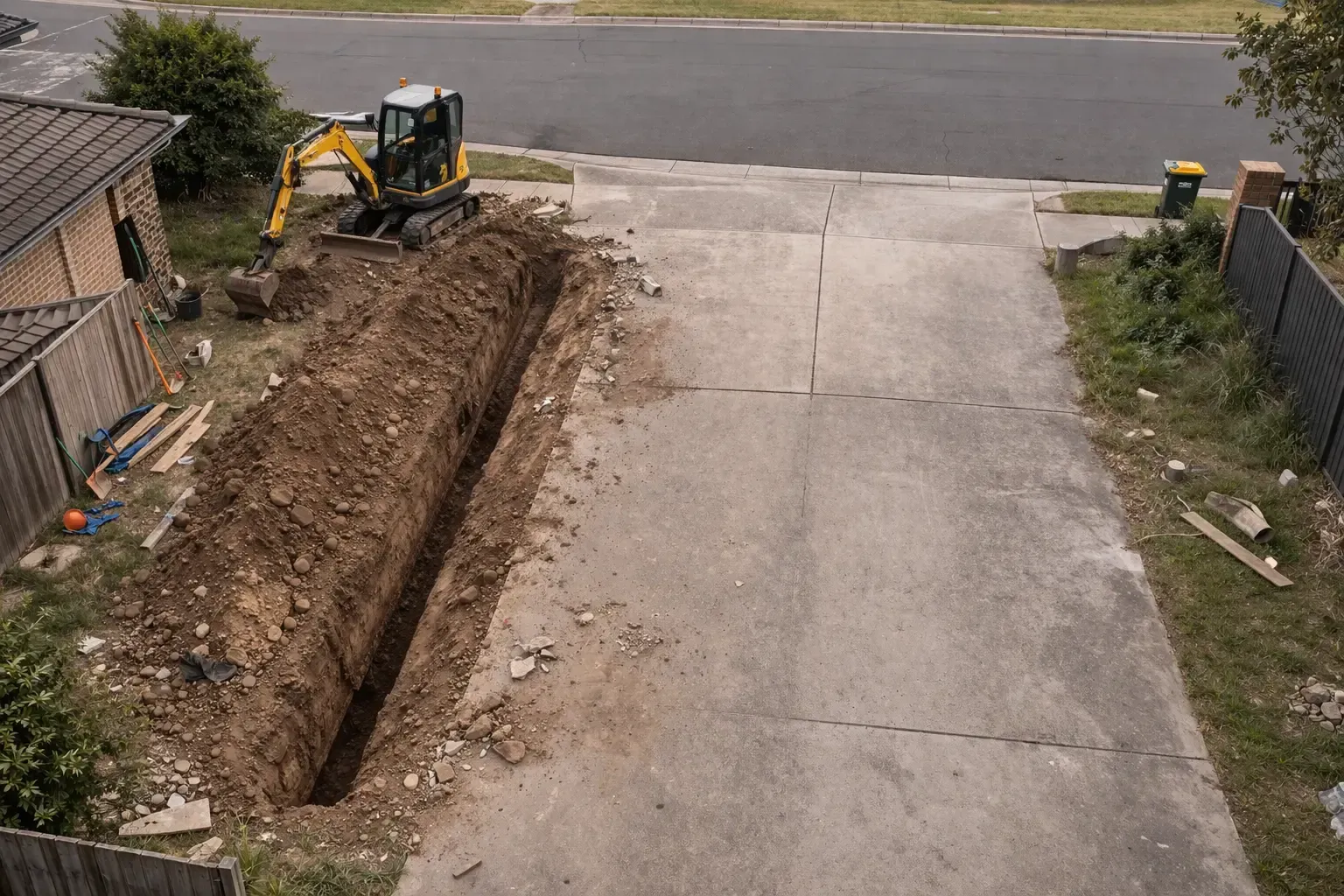 Digging a drainage trench alongside a driveway to divert excess stormwater in Middle Ridge, Toowoomba
