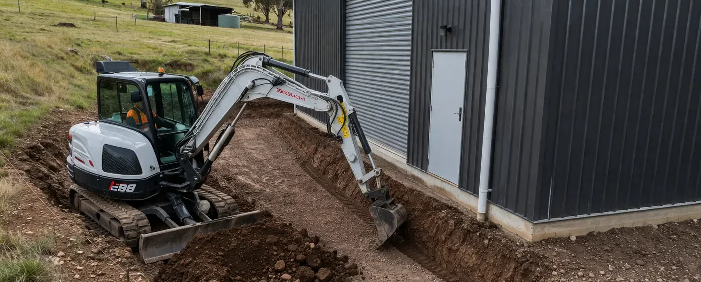 Preparing to add drainage at the entrance of this farm shed before the concrete is laid. Iredale, QLD 