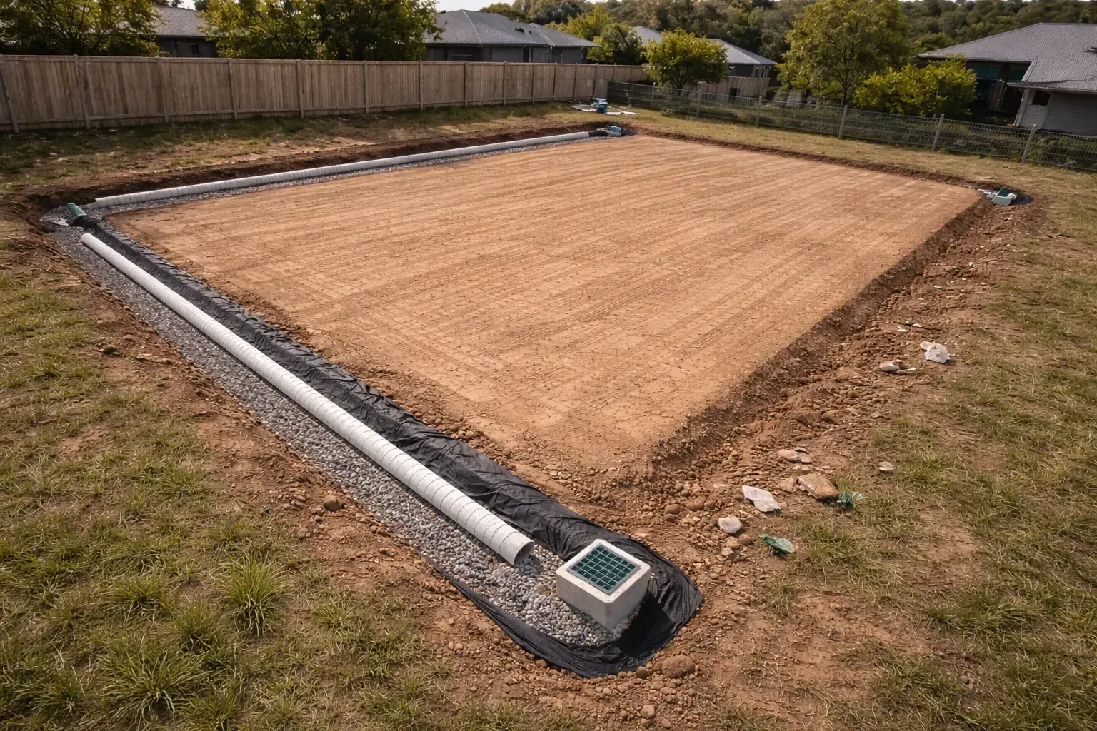 Placing drainage channels along 3 sides of this house pad in Toowoomba